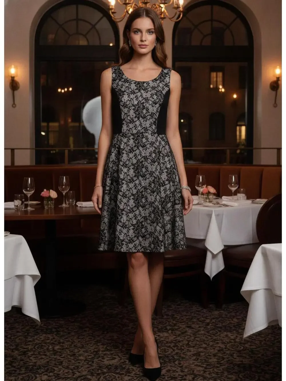 ROBBIE BEE Women's 12 Black White Lace Fit Flare Dress USA - Picture 1 of 12